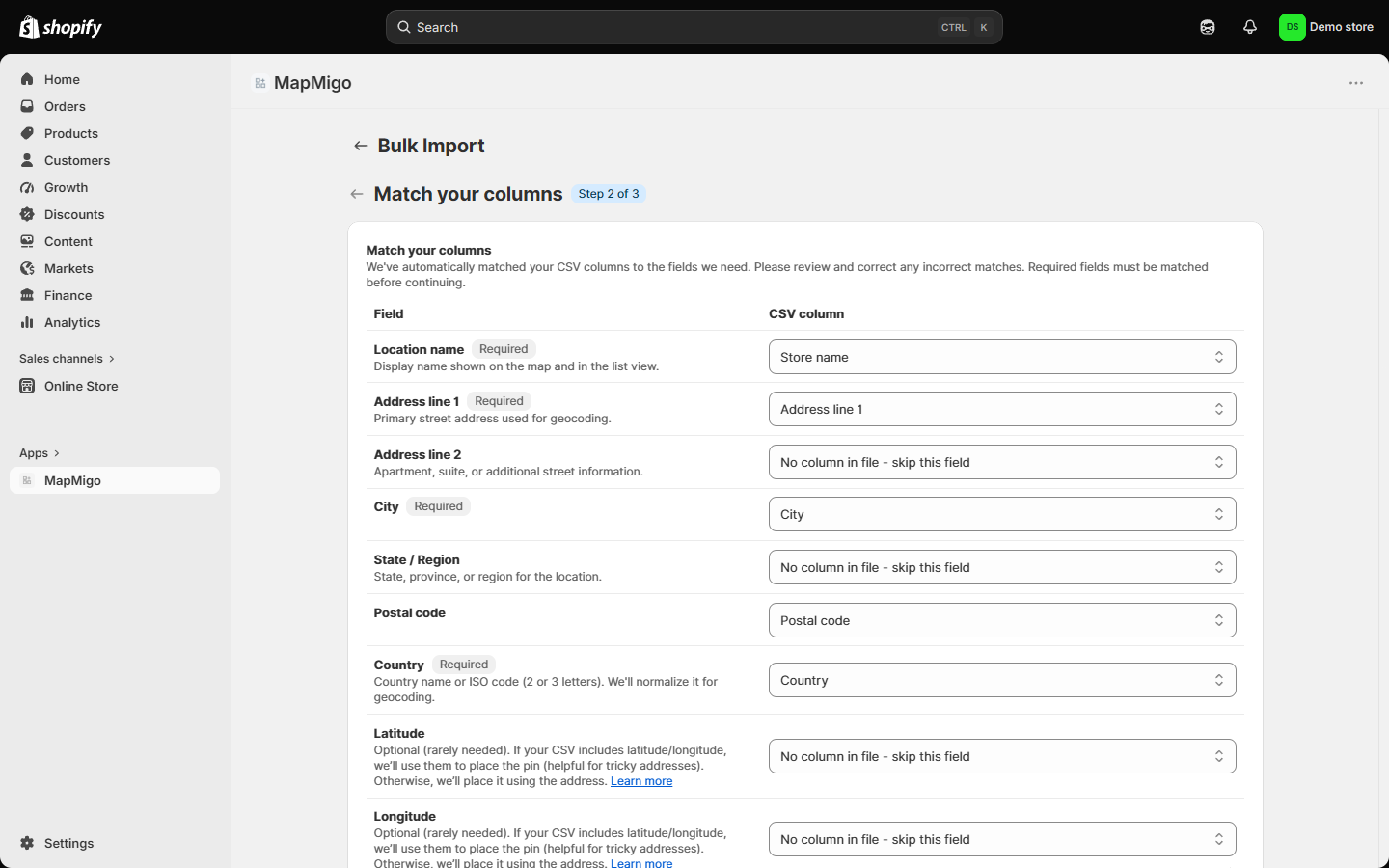 MapMigo bulk import mapping CSV columns to location fields