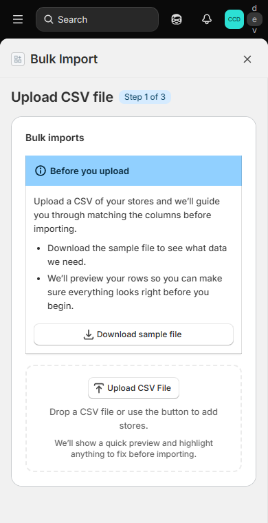 MapMigo bulk import upload step in Shopify admin on mobile