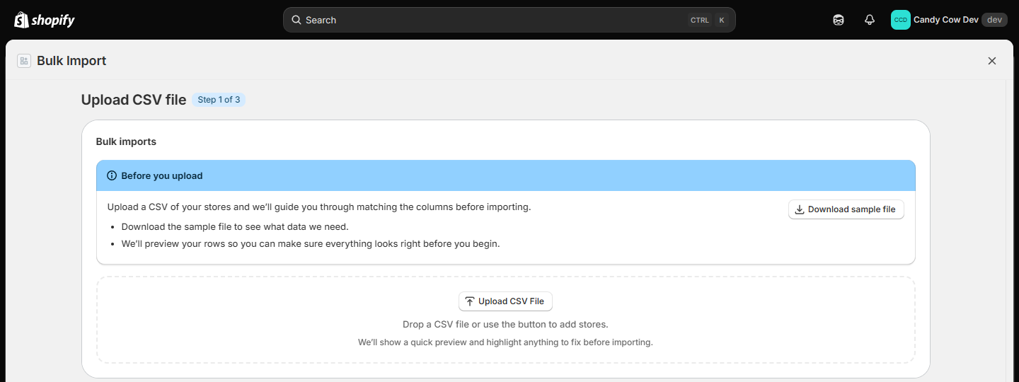 MapMigo bulk import upload step embedded in Shopify admin