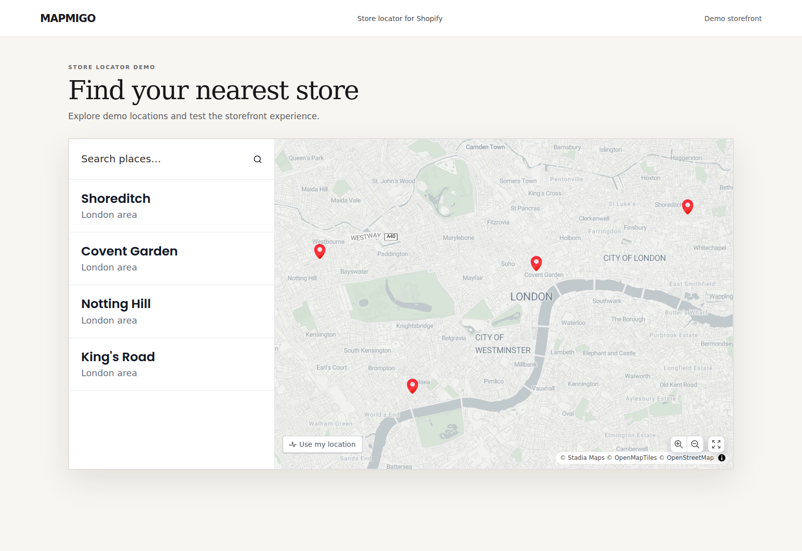 MapMigo desktop storefront locator showing a location list, search and an interactive map with neutral demo data