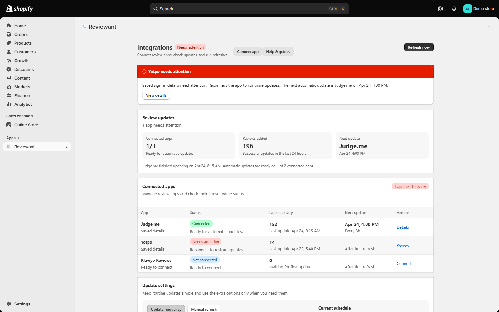 Reviewant integrations workspace showing connected review providers and update schedules