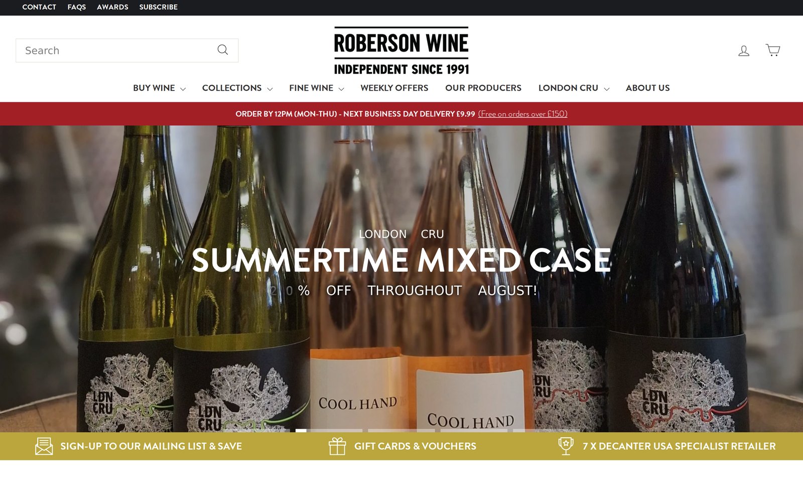 Roberson Wine Shopify home page with editorial wine photography