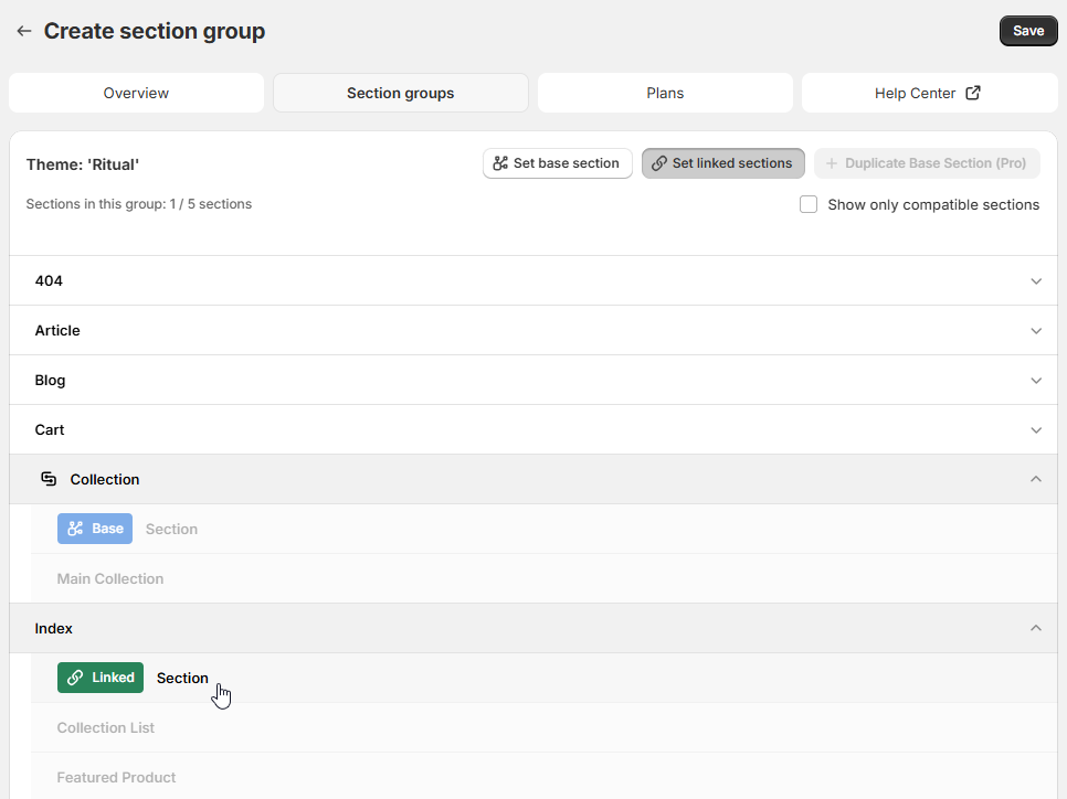 Section Link editor showing a base section and a linked section across Shopify templates