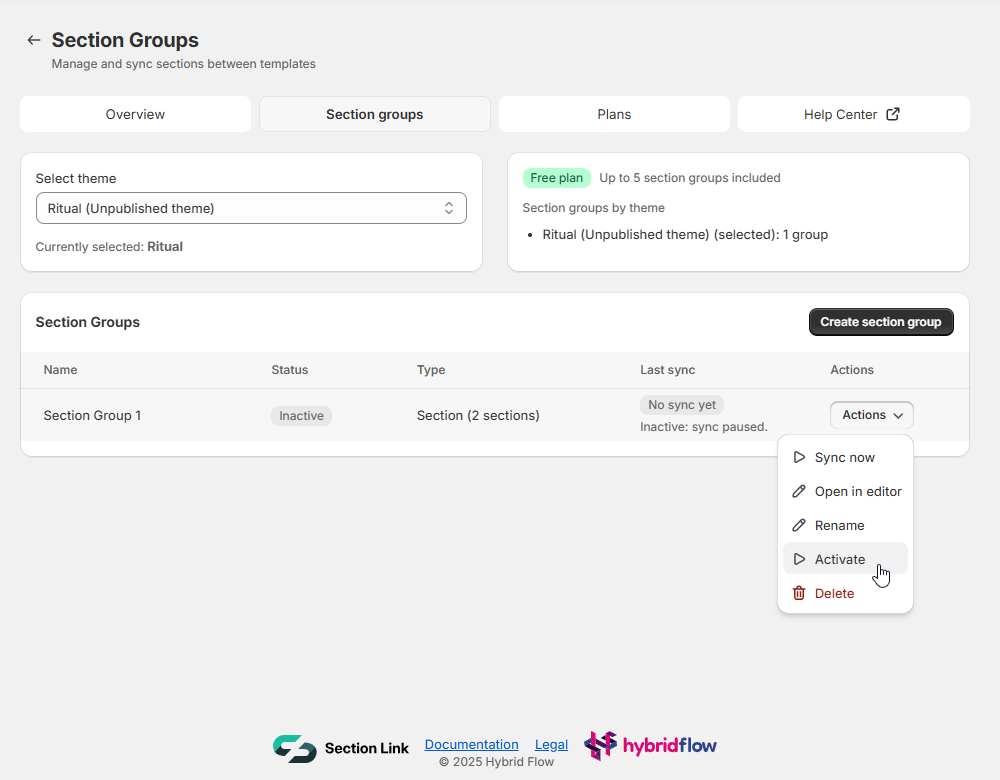 Section Link group dashboard with theme, status and sync actions